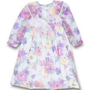 Vintage 1980s 80s Girls Cottagecore Purple Floral Sailor Collar Dress 6 - 8